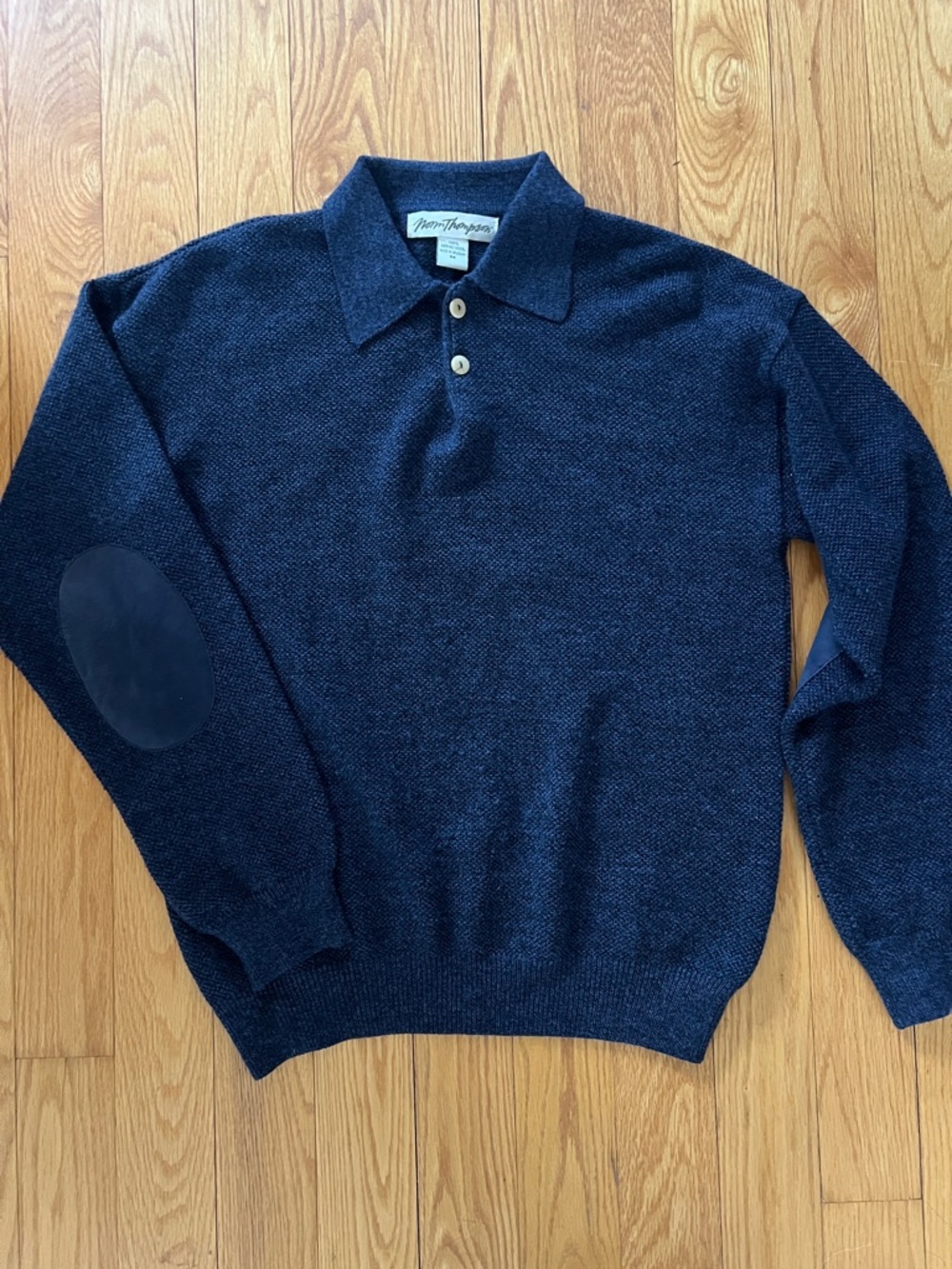 Norm Thompson Navy Blue Sweater with Elbow Patch Men’s Medium Merino Wool
